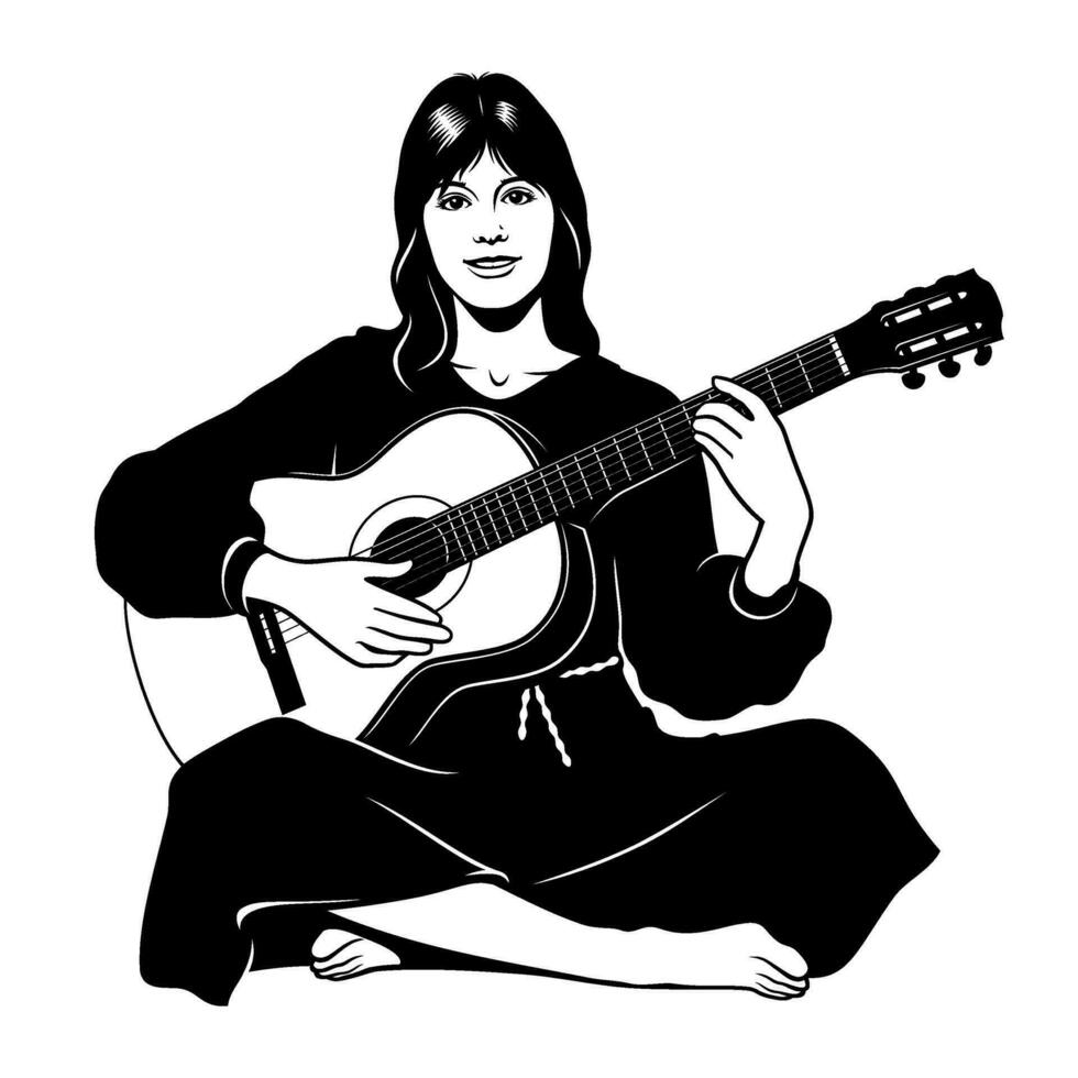 silhouette di un' seduta hippie ragazza giocando su acustico chitarra. nero e bianca stampino vettore clipart.