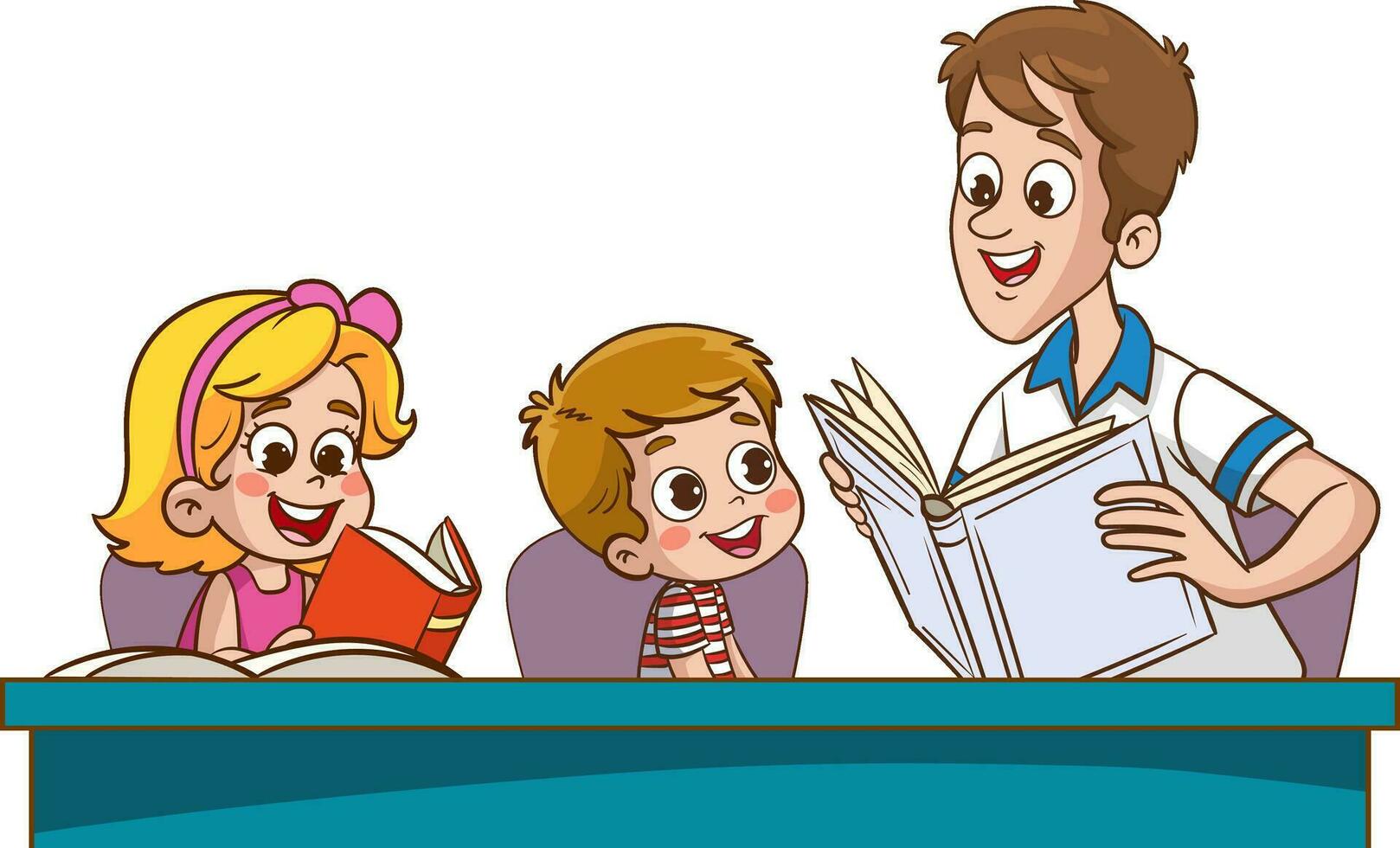 carino bambini e padre lettura insieme.insegnante lettura libri per bambini. vettore