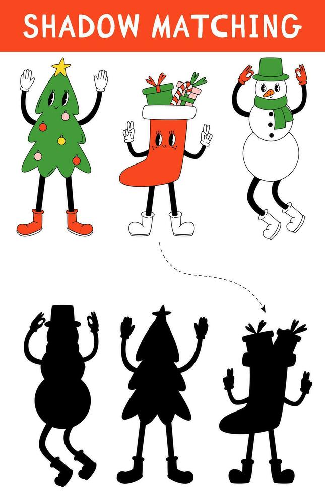 Natale ombra accoppiamento attività con Groovy nel anni 80, 70s stile. inverno vacanza puzzle con Natale albero, calzino con regalo e pupazzo di neve. trova corretta silhouette stampabile foglio di lavoro o gioco. vettore