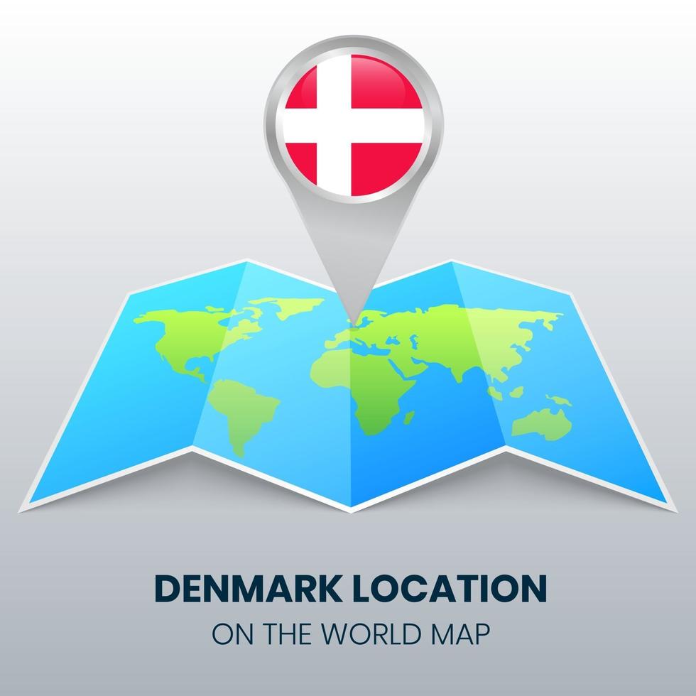 icona della posizione della danimarca sulla mappa del mondo, icona della spilla rotonda della danimarca vettore