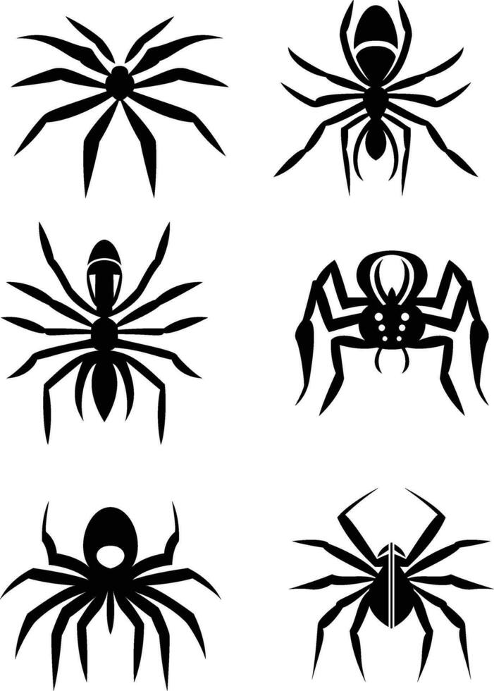 impostato di diverso ragno icone vettore Immagine , diverso forme di ragni nero e bianca silhouette azione vettore illustrazioni