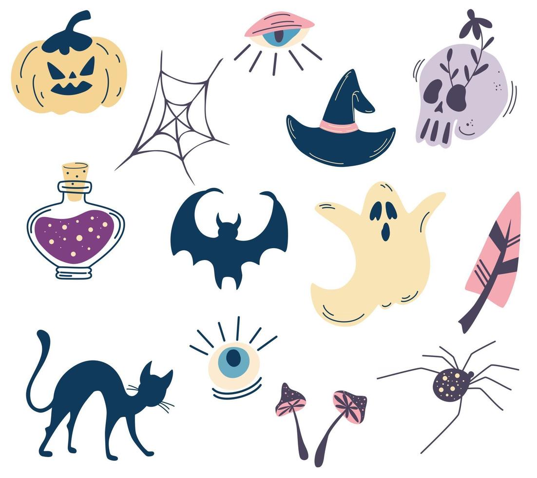 insieme di elementi per halloween. teschi, pozione, ragno, gatto, fantasma, occhio, fungo, pipistrello. clipart di halloween con simboli tradizionali. perfetto per invito a una festa, biglietto di auguri, poster. vettore