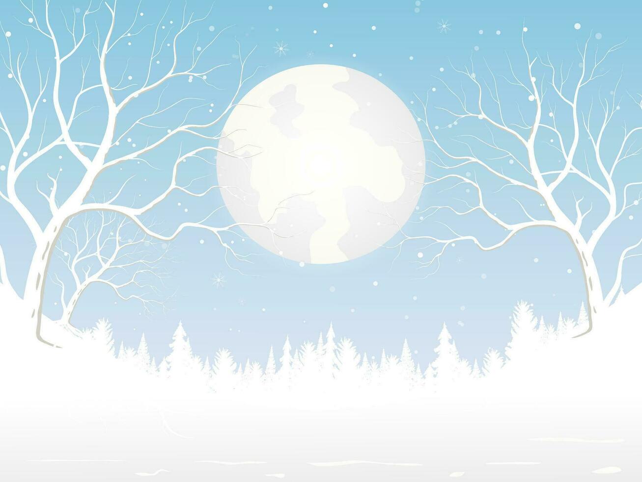 il pieno Luna nel il nevicando e bianca albero foresta sfondo per inverno stagione e Natale Festival concetto. mano disegnato isolato illustrazioni. vettore