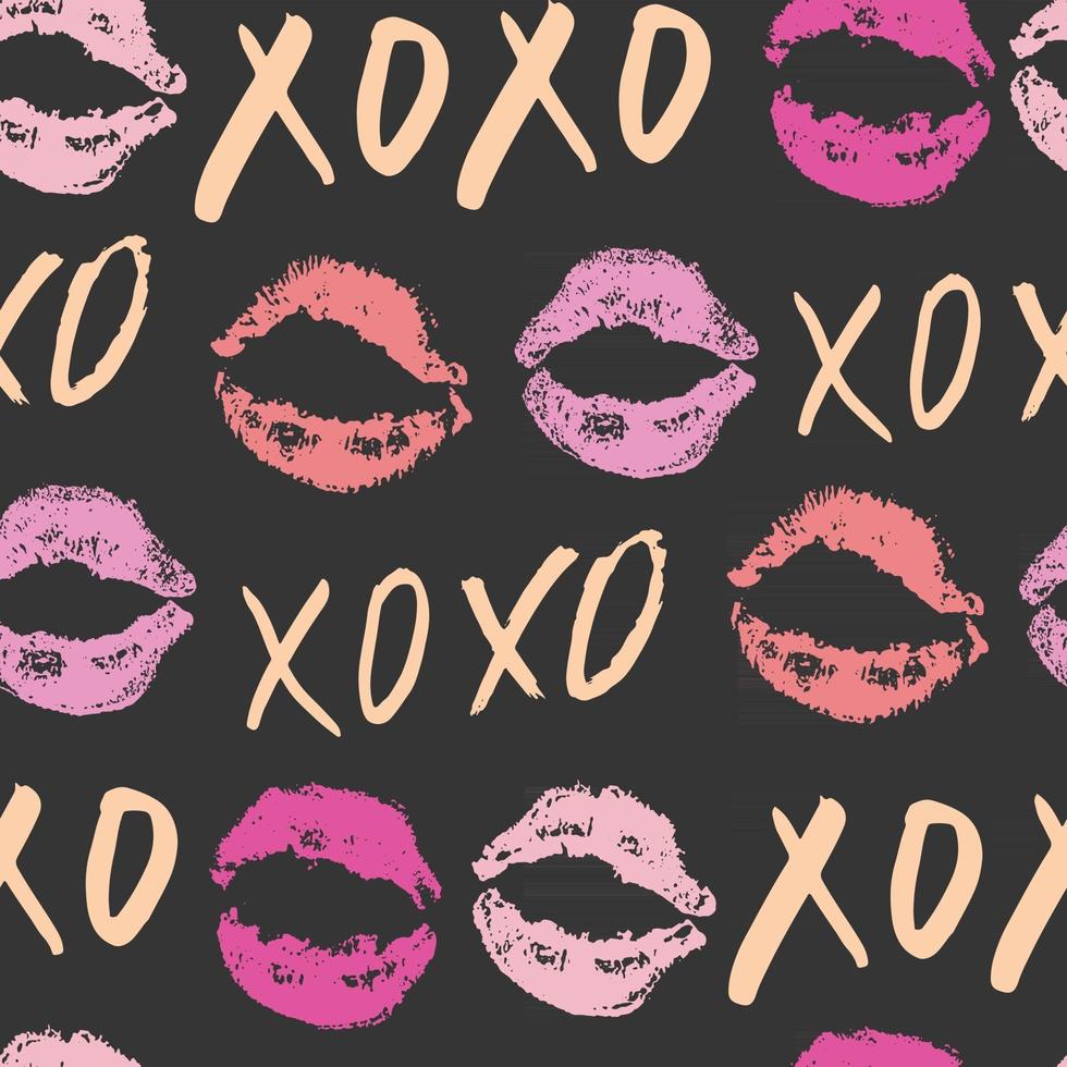 xoxo pennello lettering segni seamless pattern, grunge abbracci calligrafici e frase baci, simboli xoxo abbreviazione gergo internet, illustrazione vettoriale isolato su sfondo bianco