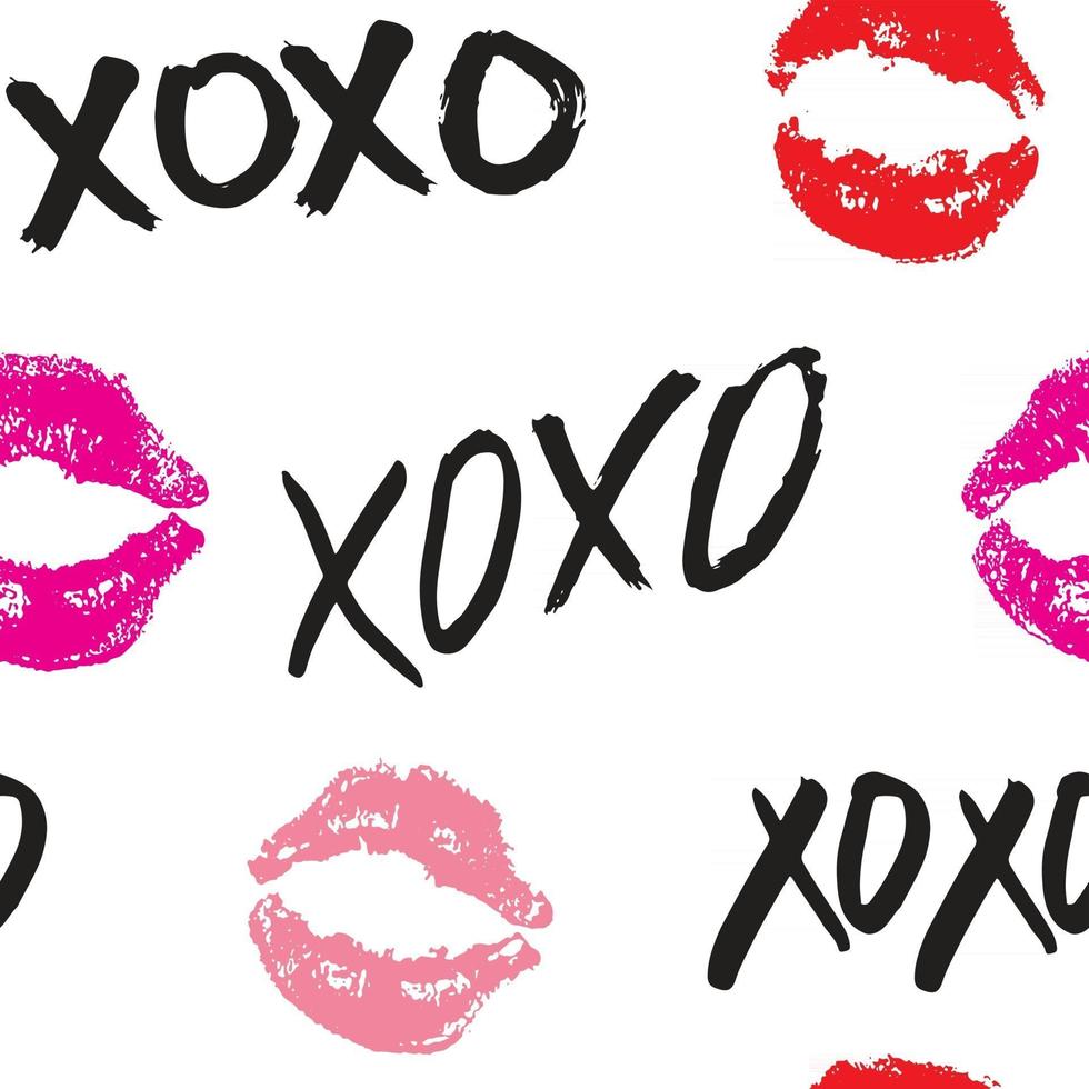 xoxo pennello lettering segni seamless pattern, grunge abbracci calligrafici e frase baci, simboli xoxo abbreviazione gergo internet, illustrazione vettoriale isolato su sfondo bianco