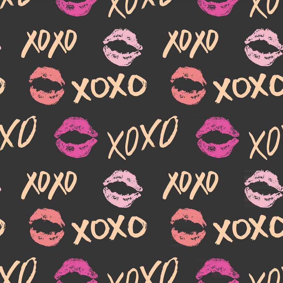 xoxo pennello lettering segni seamless pattern, grunge abbracci calligrafici e frase baci, simboli xoxo abbreviazione gergo internet, illustrazione vettoriale isolato su sfondo bianco