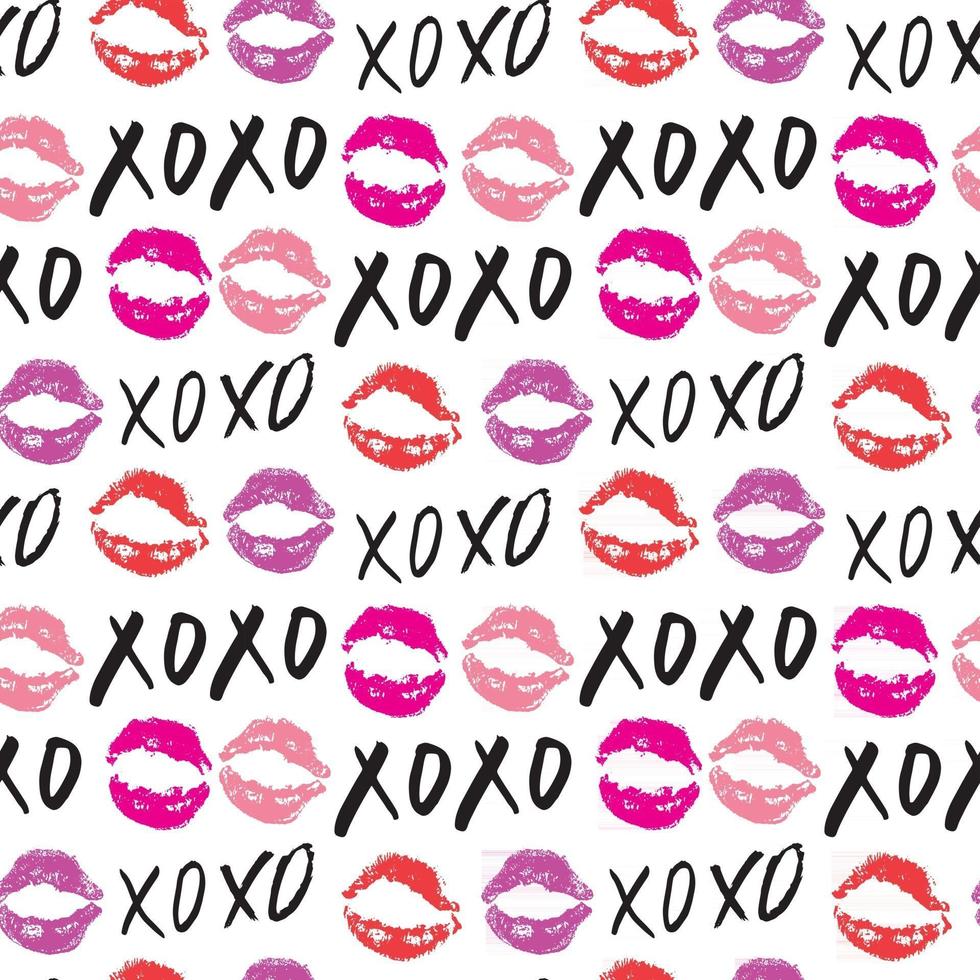 xoxo pennello lettering segni seamless pattern, grunge abbracci calligrafici e frase baci, simboli xoxo abbreviazione gergo internet, illustrazione vettoriale isolato su sfondo bianco