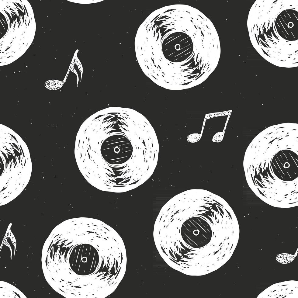 record di vinile vintage seamless pattern disegnati a mano etichetta schizzo, grunge texture retrò distintivo, stampa t-shirt design tipografia, illustrazione vettoriale