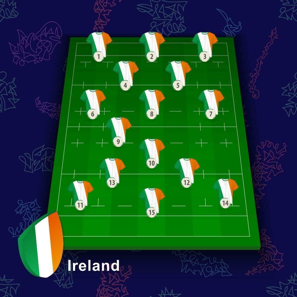 Irlanda nazionale Rugby squadra su il Rugby campo. illustrazione di Giocatori posizione su campo. vettore