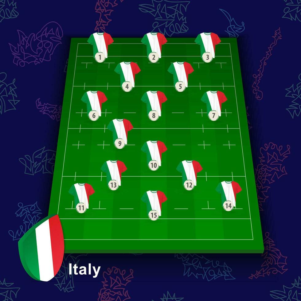 Italia nazionale Rugby squadra su il Rugby campo. illustrazione di Giocatori posizione su campo. vettore