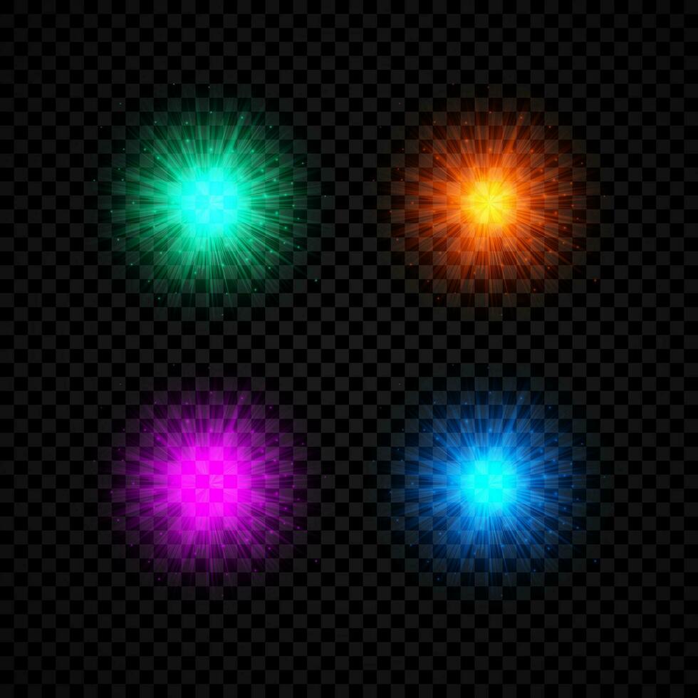 leggero effetto di lente razzi. impostato di quattro verde, rosso, viola e blu raggiante luci starburst effetti con scintille su un' buio vettore