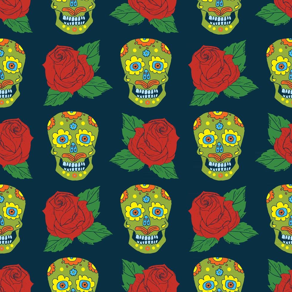 il giorno dei morti seamless pattern, teschi di zucchero disegnati a mano e sfondo di rose, illustrazione vettoriale