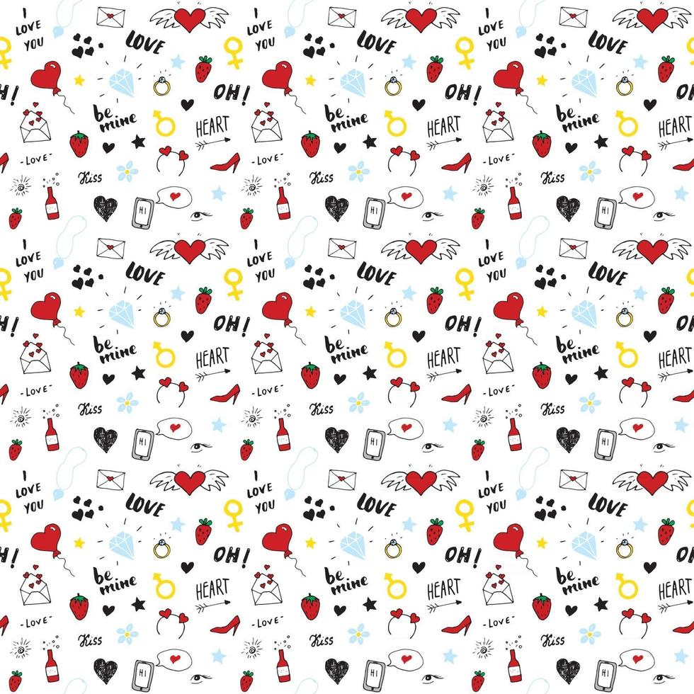 amore e San Valentino seamless pattern illustrazione vettoriale. fondo romantico di simboli di scarabocchio abbozzato disegnato a mano vettore