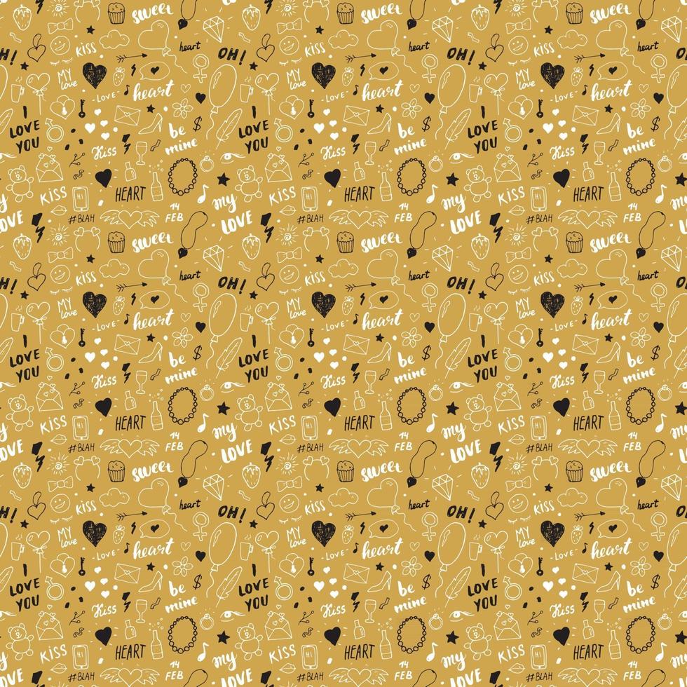 amore e San Valentino seamless pattern illustrazione vettoriale. fondo romantico di simboli di scarabocchio abbozzato disegnato a mano vettore