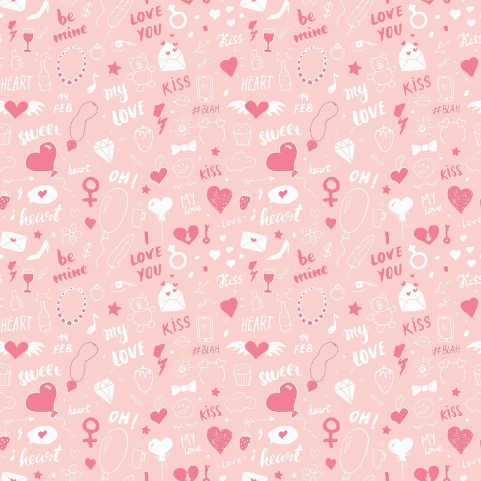 amore e San Valentino seamless pattern illustrazione vettoriale. fondo romantico di simboli di scarabocchio abbozzato disegnato a mano vettore