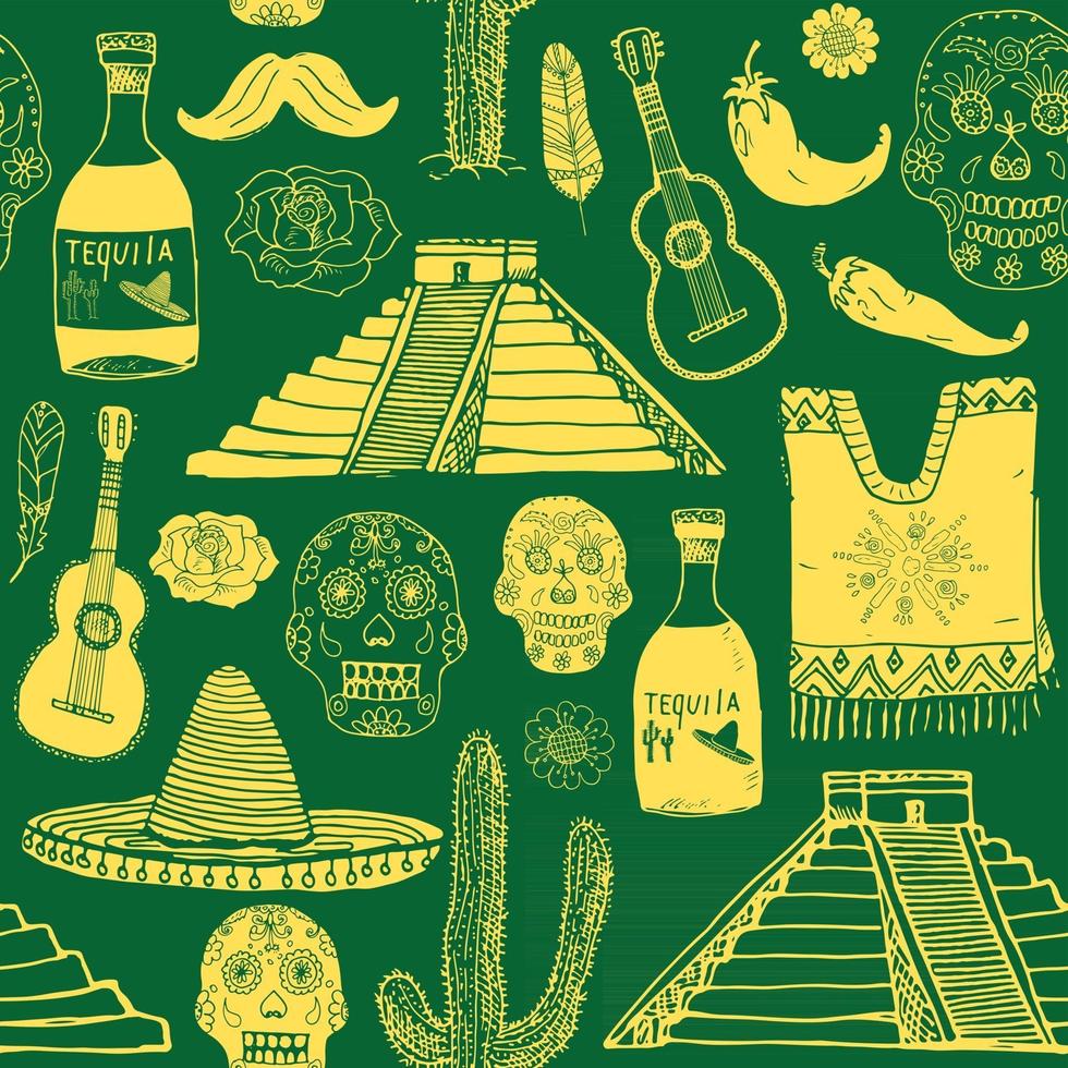 elementi di doodle del reticolo senza giunte del Messico, schizzo disegnato a mano cappello sombrero tradizionale messicano, poncho, cactus e bottiglia di tequila, mappa del Messico, teschio, strumenti musicali. sfondo di illustrazione vettoriale. vettore