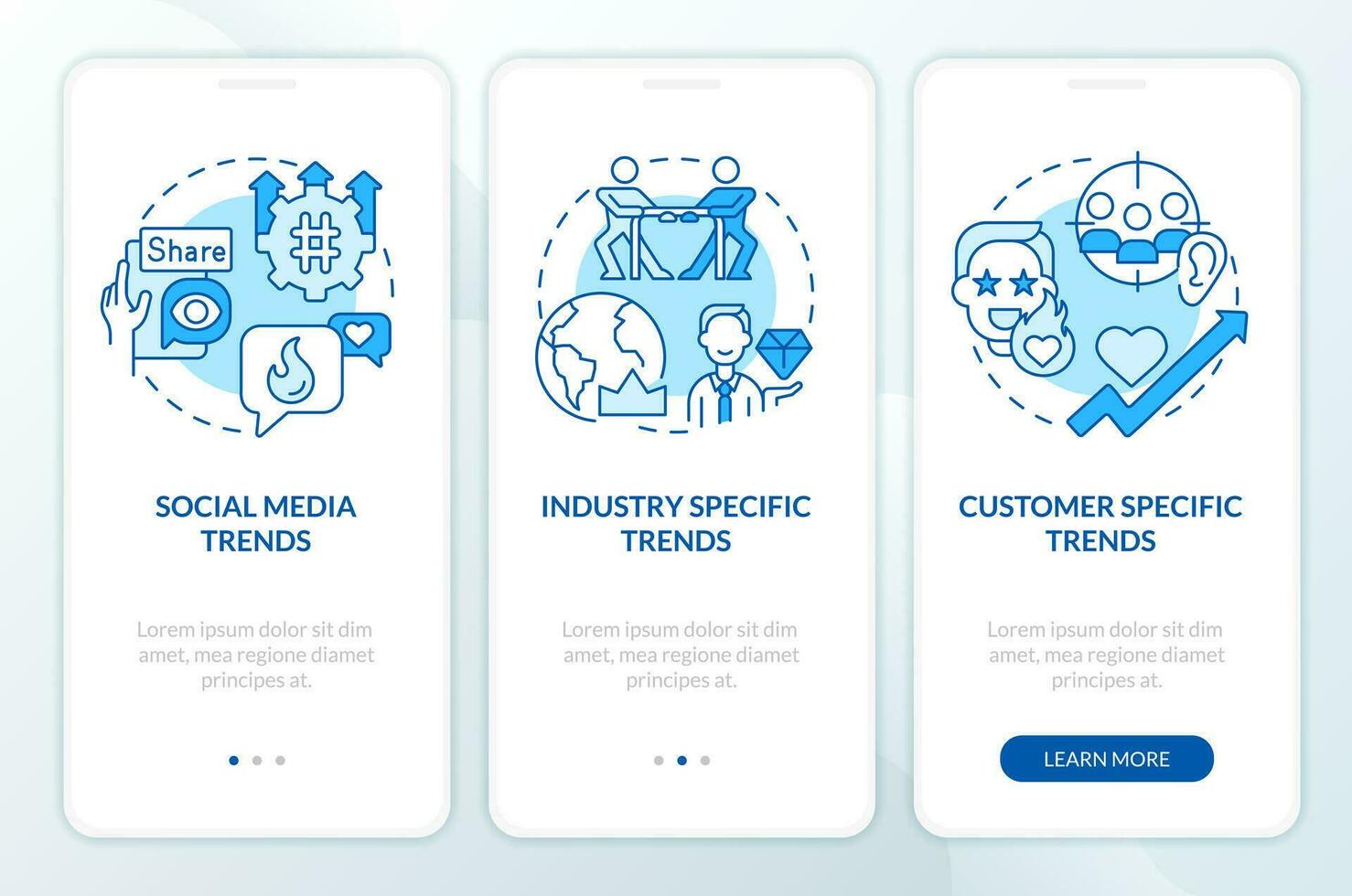 tendenze categorie blu onboarding mobile App schermo. attività commerciale strategia Procedura dettagliata 3 passaggi modificabile grafico Istruzioni con lineare concetti. ui, ux, gui modello vettore