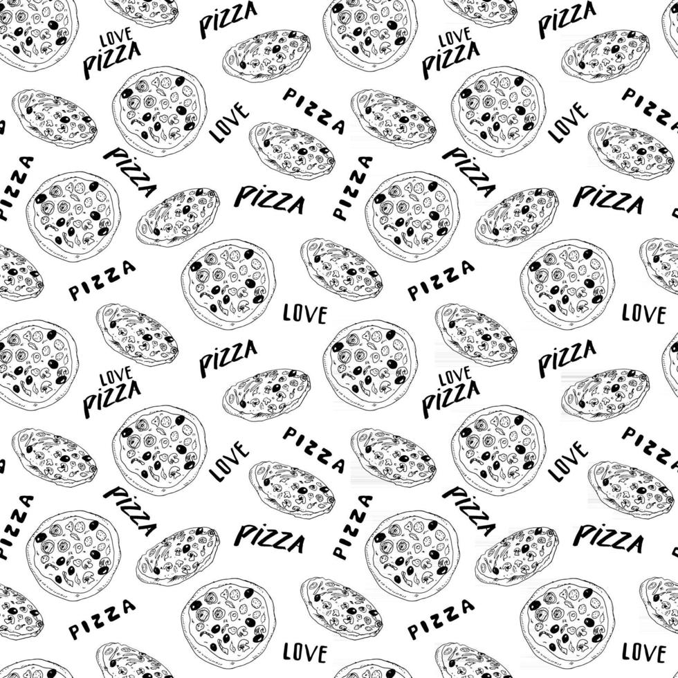 Schizzo disegnato a mano del modello senza cuciture della pizza. tutta la pizza e la fetta scarabocchi la priorità bassa dell'alimento. illustrazione vettoriale