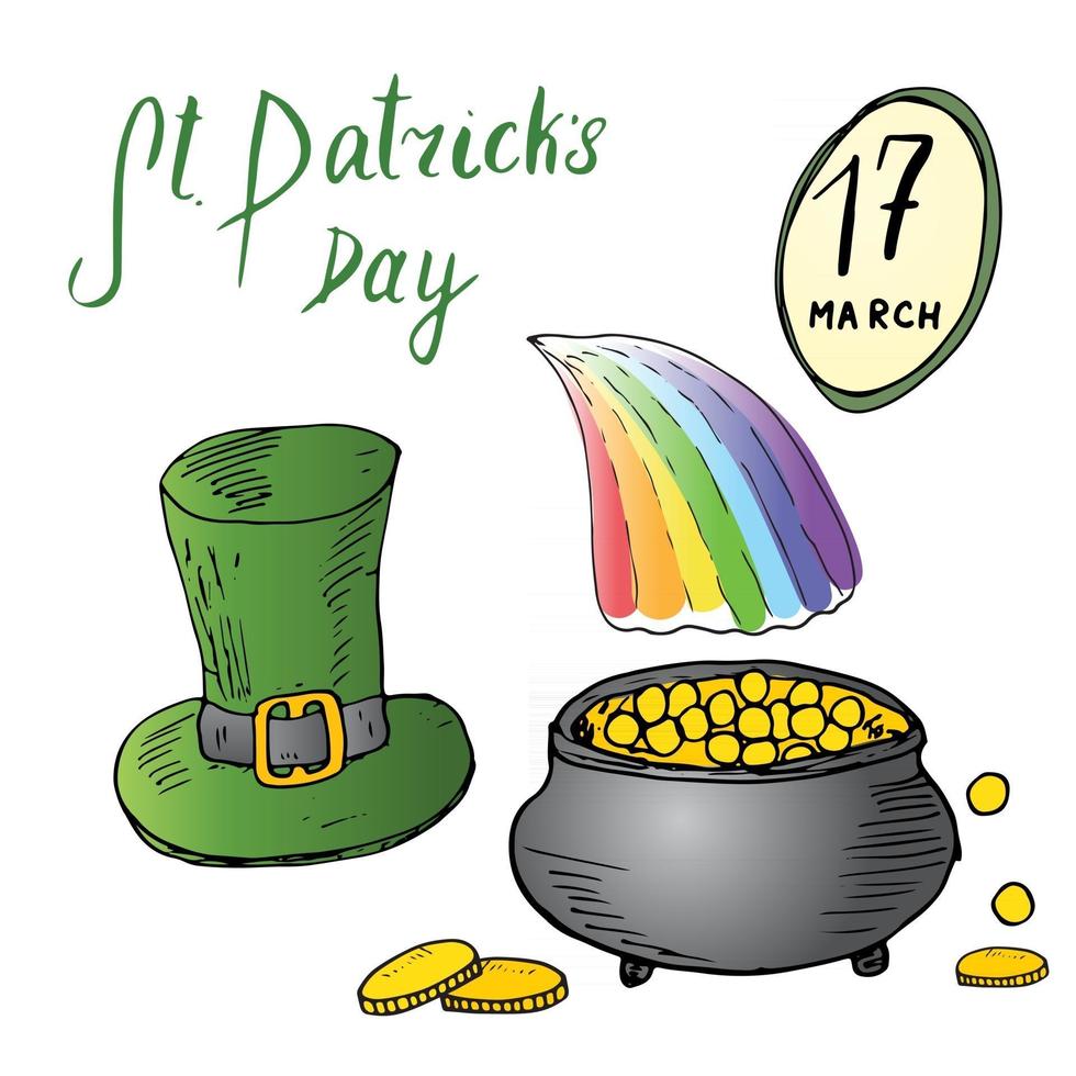 Insieme di doodle disegnato a mano di giorno di San Patrizio, con cappello da leprechaun verde tradizionale irlandese e una pentola di monete d'oro alla fine dell'arcobaleno, illustrazione vettoriale isolato su bianco.