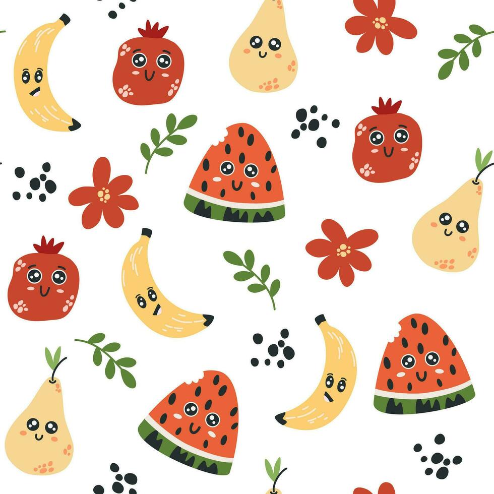 frutta personaggi senza soluzione di continuità modello. cartone animato di moda frutta anguria, Banana, Melograno e Pera. creativo struttura per tessuto, confezione, tessili, sfondo, vestiario. vettore illustrazione