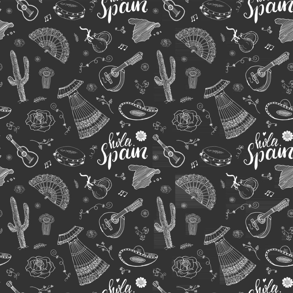 Spagna elementi senza cuciture doodle, schizzo disegnato a mano gamberetti cibo spagnolo, olive, uva, bandiera e lettere. sfondo di illustrazione vettoriale. vettore