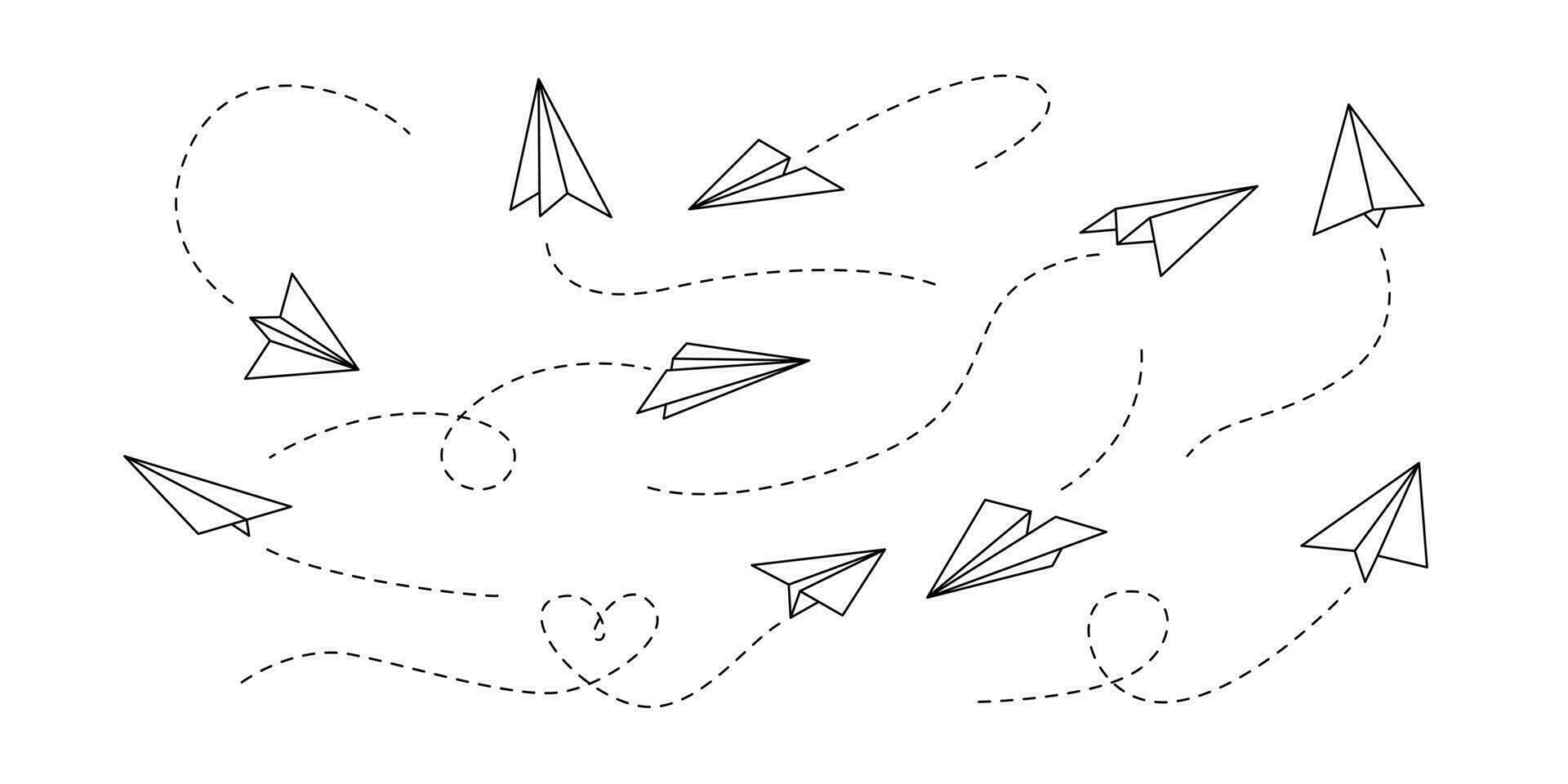 vettore carta aereo. schema volante aerei con tratteggiata traccia direzione. viaggio o Messaggio simbolo. nero lineare carta aereo icona