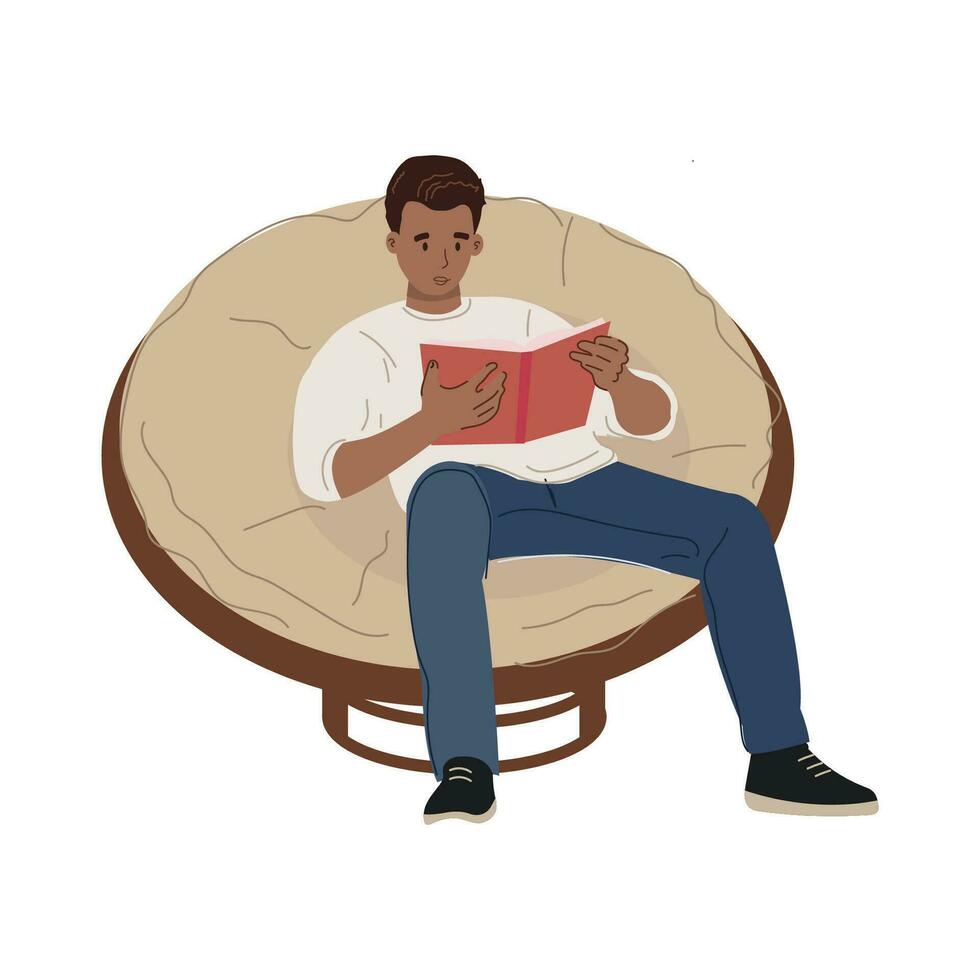 un' uomo seduta nel un' confortevole sedia Tenere un' libro. un' persona lettura. carino cartone animato stile illustrazione. isolato su bianca. vettore