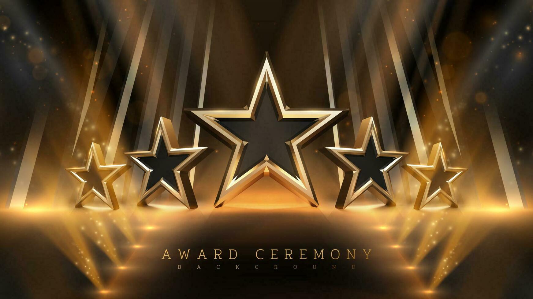 premi cerimonia sfondo con buio corridoi e faretti effetto e 3d d'oro stella elementi e bokeh decorazione. vettore illustrazione.