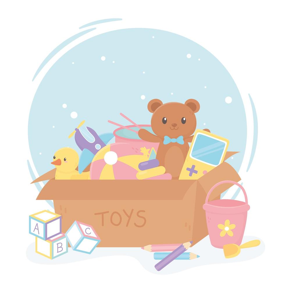 scatola di cartone piena con giocattoli per bambini dei cartoni animati vettore