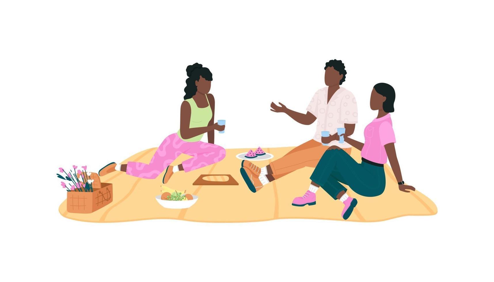 gruppo di amici afroamericani su personaggi senza volto di vettore di colore piatto da picnic
