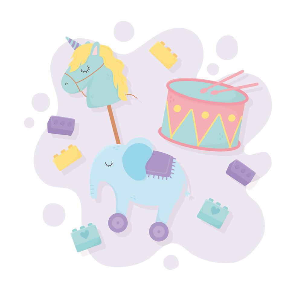 tamburo elefante cavallo bastone blocchi cartone animato giocattoli per bambini vettore