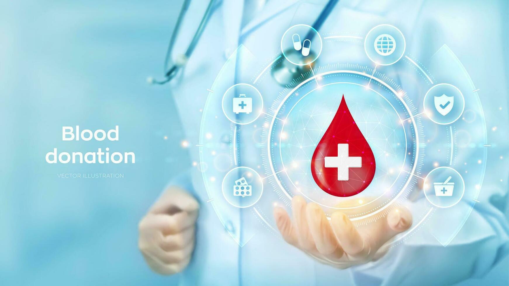 sangue donazione concetto. mondo sangue donatore giorno consapevolezza. medico Tenere nel mano far cadere di sangue con medico attraversare icona e medicina icone Rete connessione su virtuale schermo. vettore illustrazione.