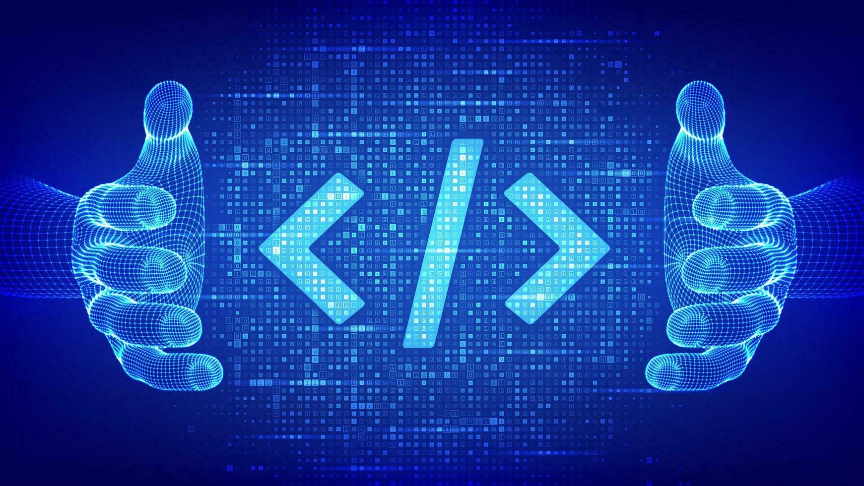 programmazione codice. codifica o pirata cartello. programmazione codice icona fatto con binario codice nel wireframe mani. digitale binario dati e digitale codice. matrice sfondo con cifre 1.0. vettore illustrazione.