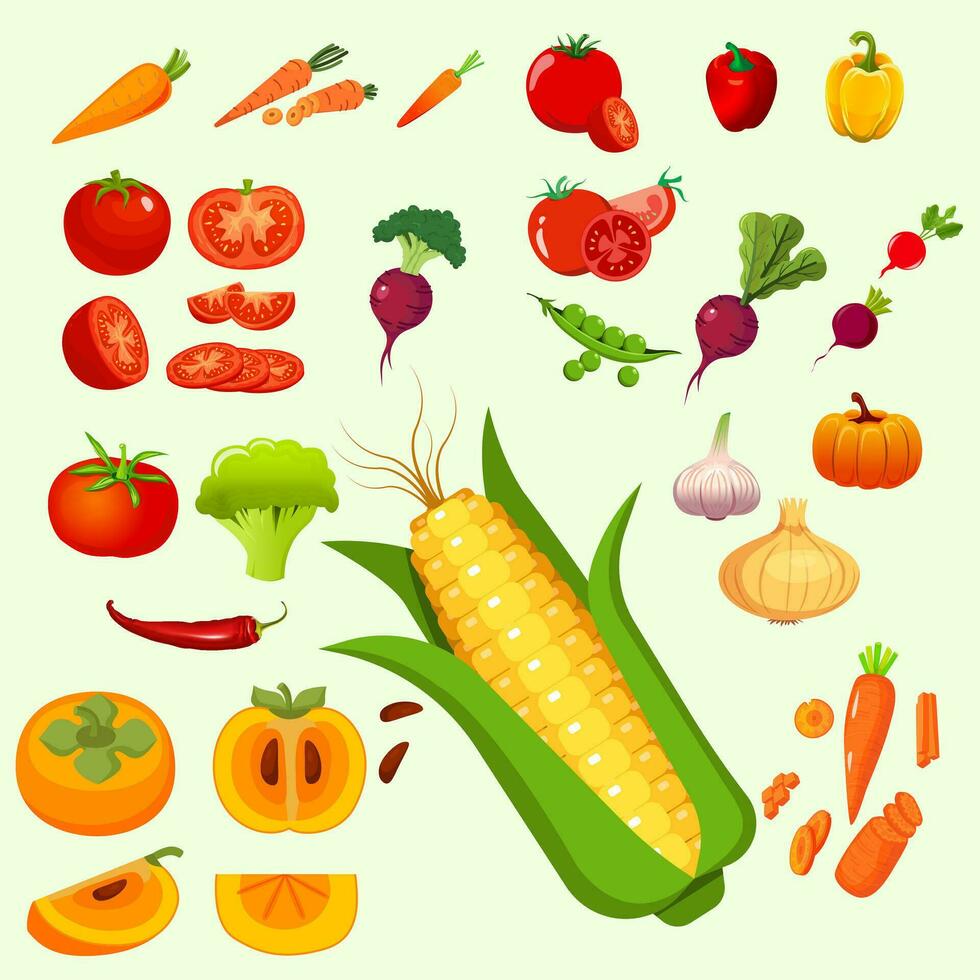 impostato di vettore verdure icone nel cartone animato stile. collezione azienda agricola Prodotto per ristorante menù