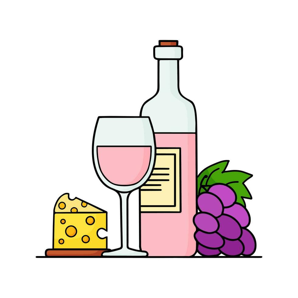 bottiglia di vino, bicchiere di vino, formaggio e uva grappolo. rosa vino con aperitivo. vino concetto. scarabocchio stile vettore illustrazione