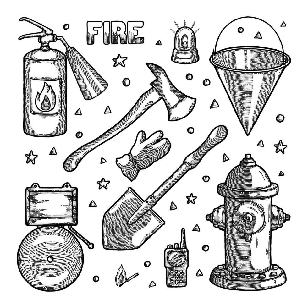 pompiere, vigile del fuoco attrezzatura, Vintage ▾ allarme fuoco sirena o allarme, retrò schizzo elementi piace casco, estintore, ascia, e pala. incisione stile vettore