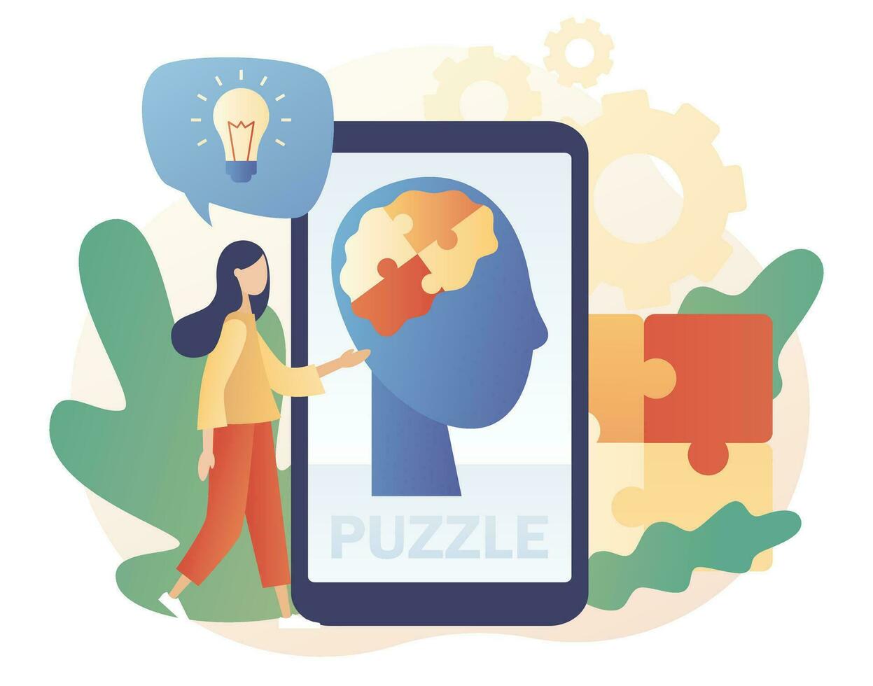 umano teste puzzle su smartphone schermo. mentale Salute. conoscenza, psicologia, memoria, logica. reciproco comprensione. moderno piatto cartone animato stile. vettore illustrazione su bianca sfondo