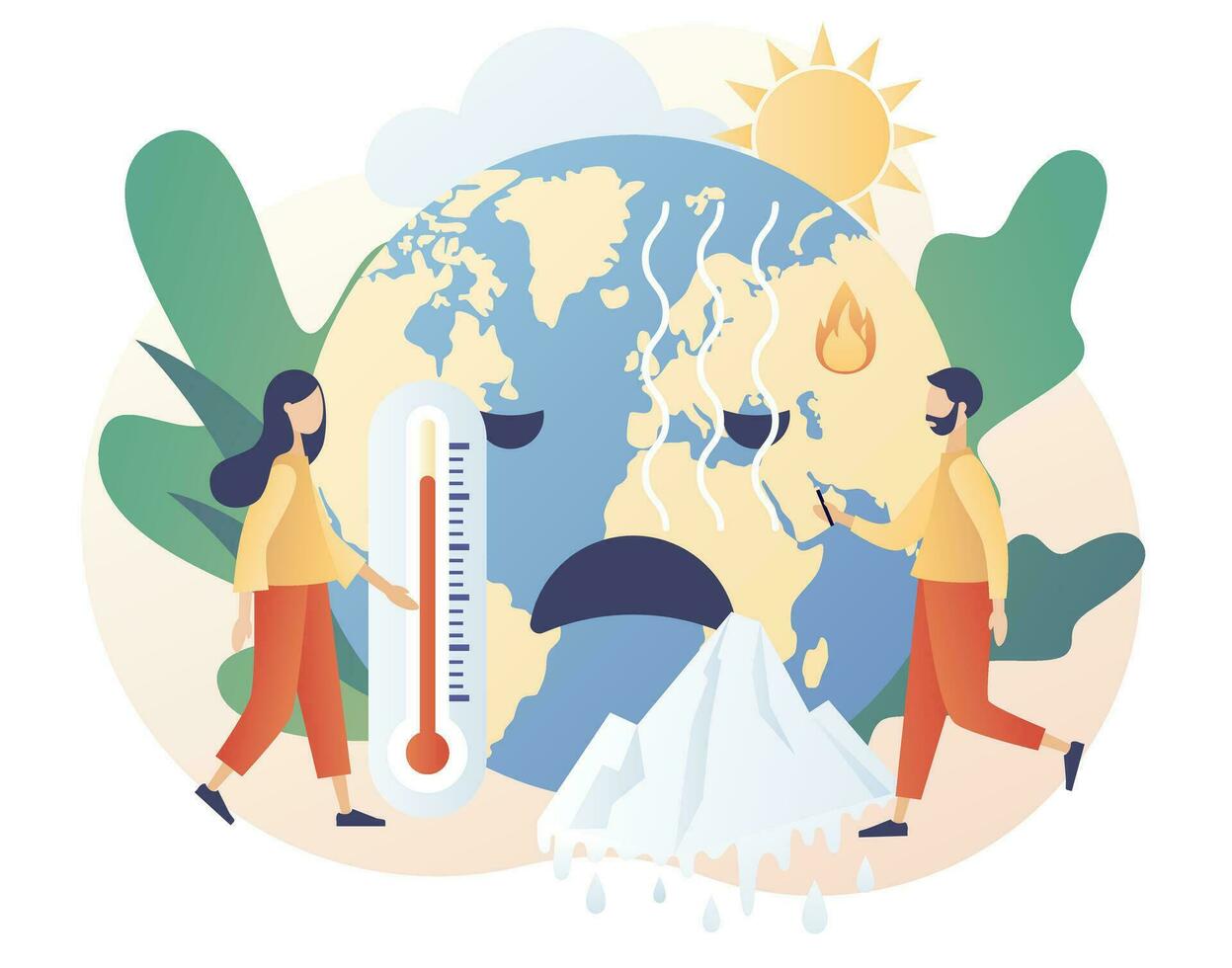 clima modificare. minuscolo persone provando Salva pianeta terra. globale riscaldamento concetto. mondo ambiente giorno. ecologia pericoli, aria inquinamento. moderno piatto cartone animato stile. vettore illustrazione su bianca sfondo