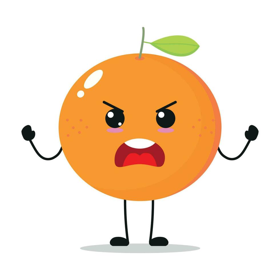 carino arrabbiato arancia carattere. divertente furioso arancia cartone animato emoticon nel piatto stile. frutta emoji vettore illustrazione