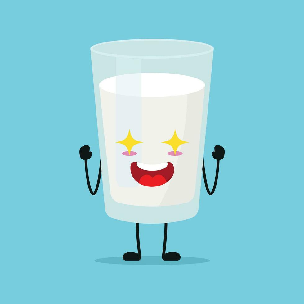 carino eccitato latte bicchiere carattere. divertente elettrizzante latte cartone animato emoticon nel piatto stile. latteria emoji vettore illustrazione