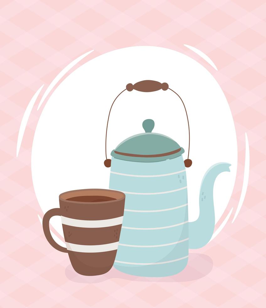 tempo del caffè, teiera e tazza di caffè bevanda fresca vettore
