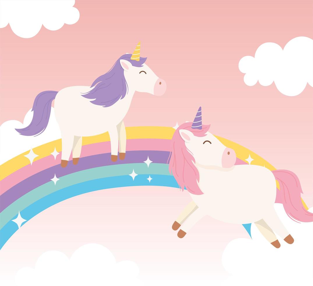 unicorni che giocano in arcobaleno fantasia magica cartone animato animale carino vettore