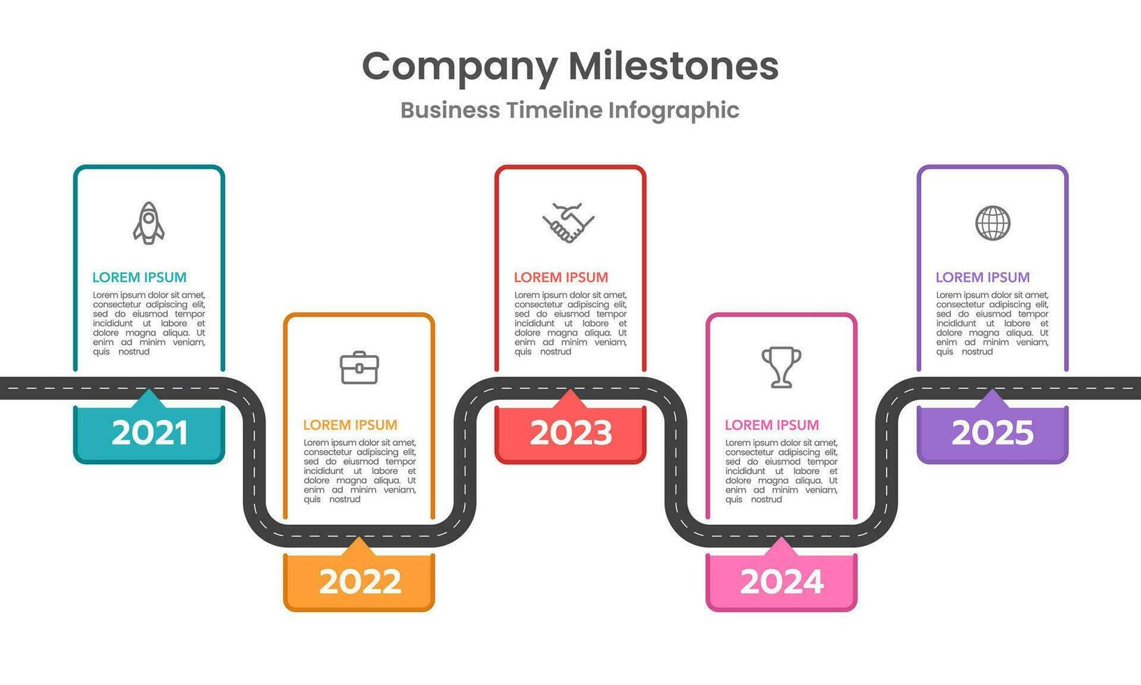 attività commerciale sequenza temporale flusso di lavoro infografica. azienda pietra miliare. azienda presentazione. strada carta geografica, rapporto. vettore illustrazione.