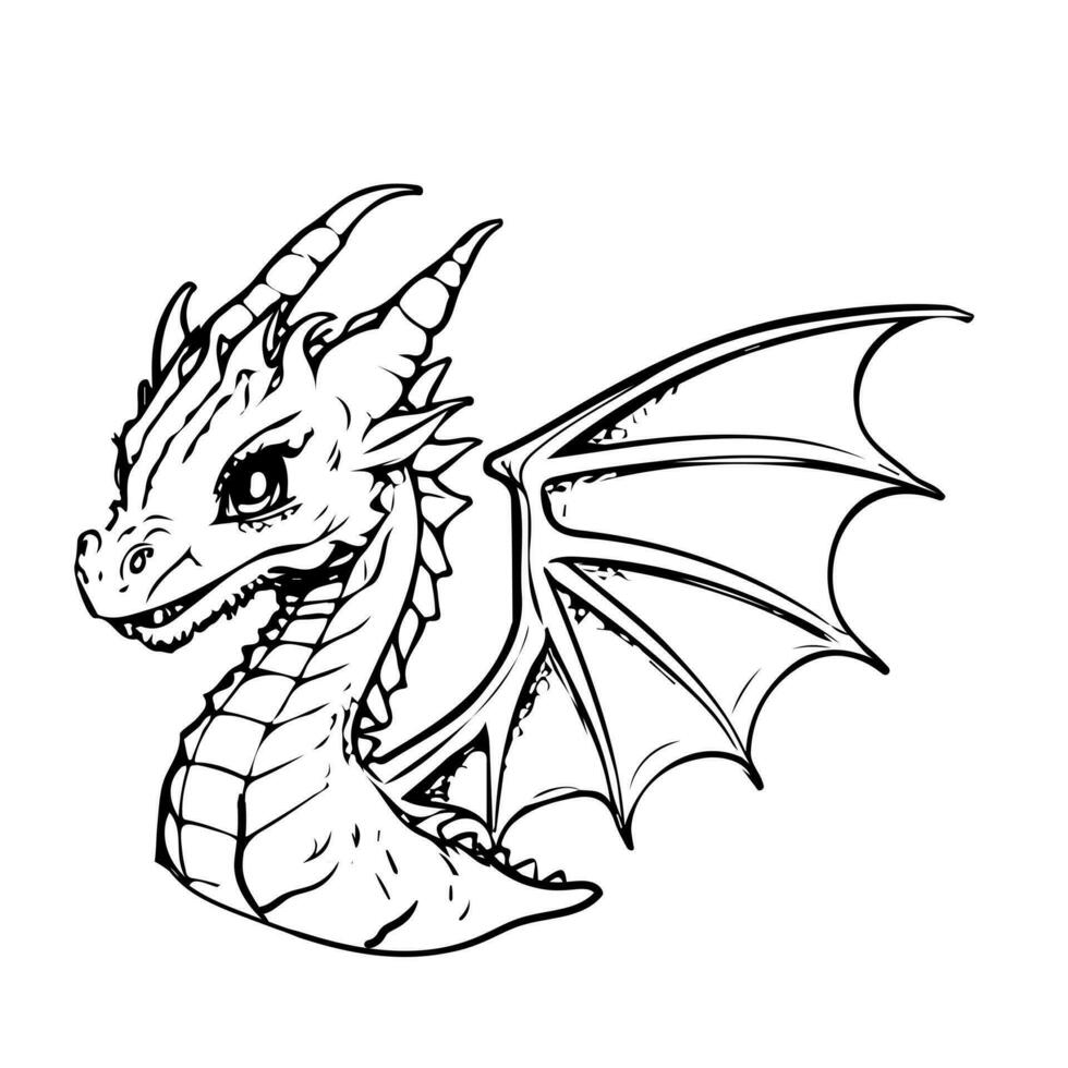 mano disegno personaggio animale carino Drago schema nero e bianca cartone animato schizzo contento colorazione pagina e colorazione libri vettore