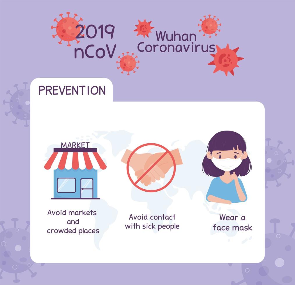 virus covid 19 prevenzione infografica evita mercati e luoghi affollati, non stretta di mano, indossando maschera medica vettore