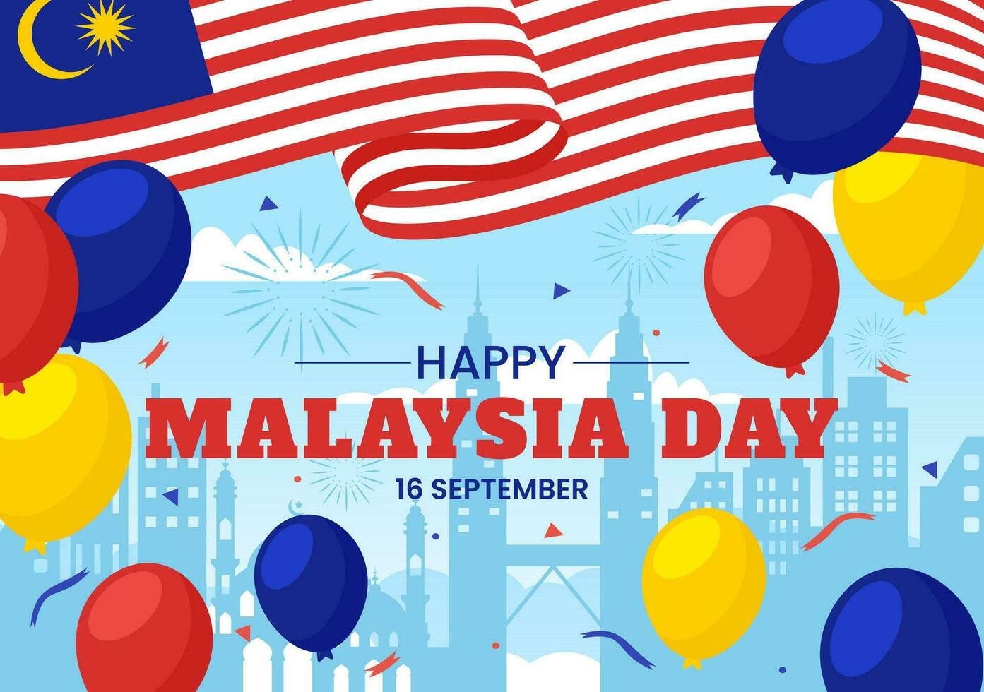 contento Malaysia giorno celebrazione vettore illustrazione su 16 settembre con agitando bandiera e gemello torri nel piatto cartone animato mano disegnato modelli