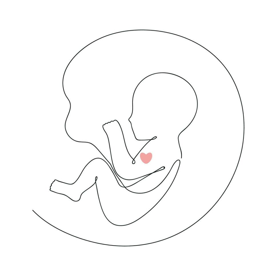bambino nel di mamma pancia disegnato con singolo linea con rosa cuore. gravidanza, maternità. minimalismo. vettore illustrazione.