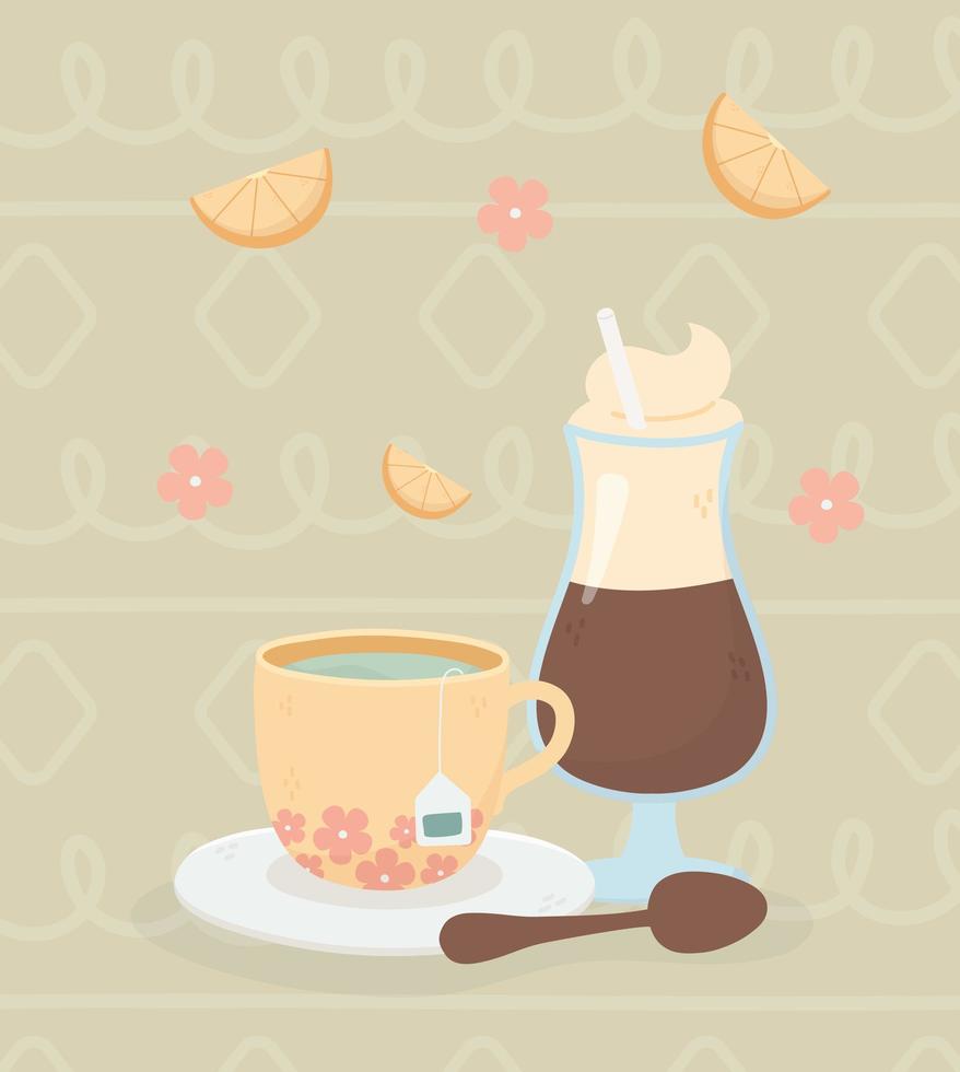 tempo del caffè, caffè moka tazza da tè cucchiaio bevanda fresca vettore