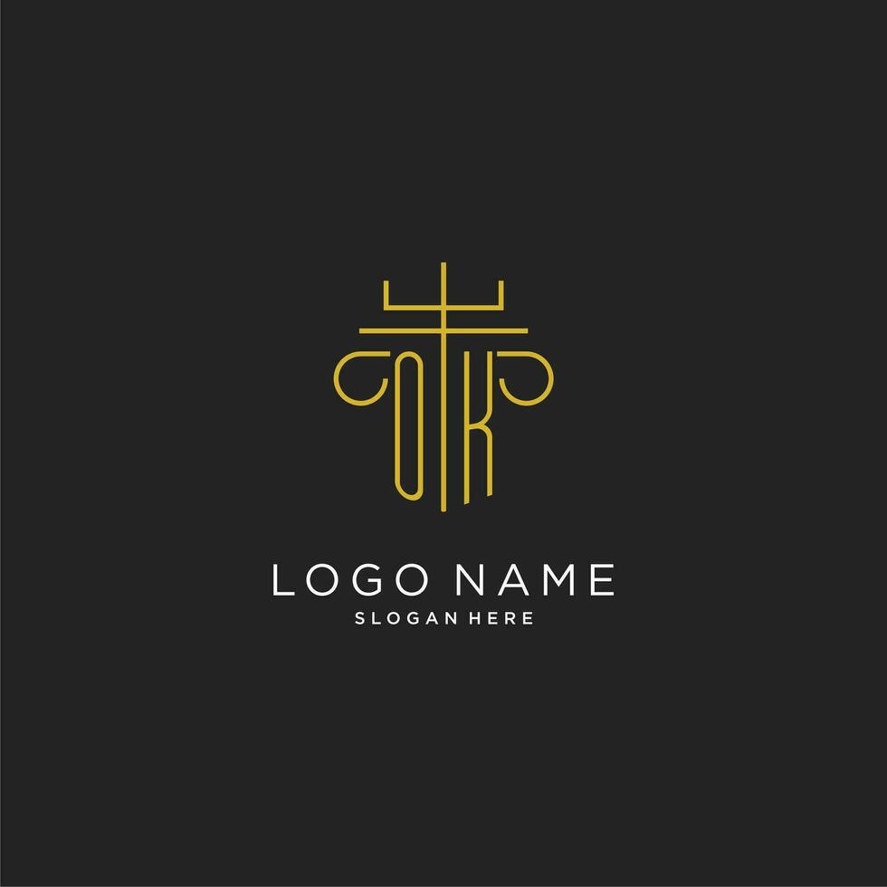 ok iniziale con monoline pilastro logo stile, lusso monogramma logo design per legale azienda vettore