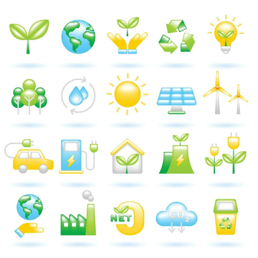 3d icona impostato di ecologia sostenibilità ambiente eco amichevole verde energia concetto. lucido bicchiere plastica colore. carino realistico cartone animato minimo stile. 3d rendere vettore icone ui isolato illustrazione